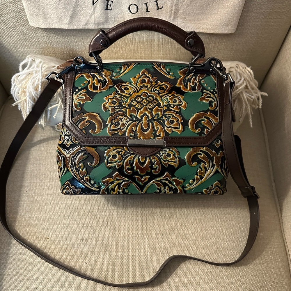 Vintage-Inspired Green and Brown Embossed Satchel